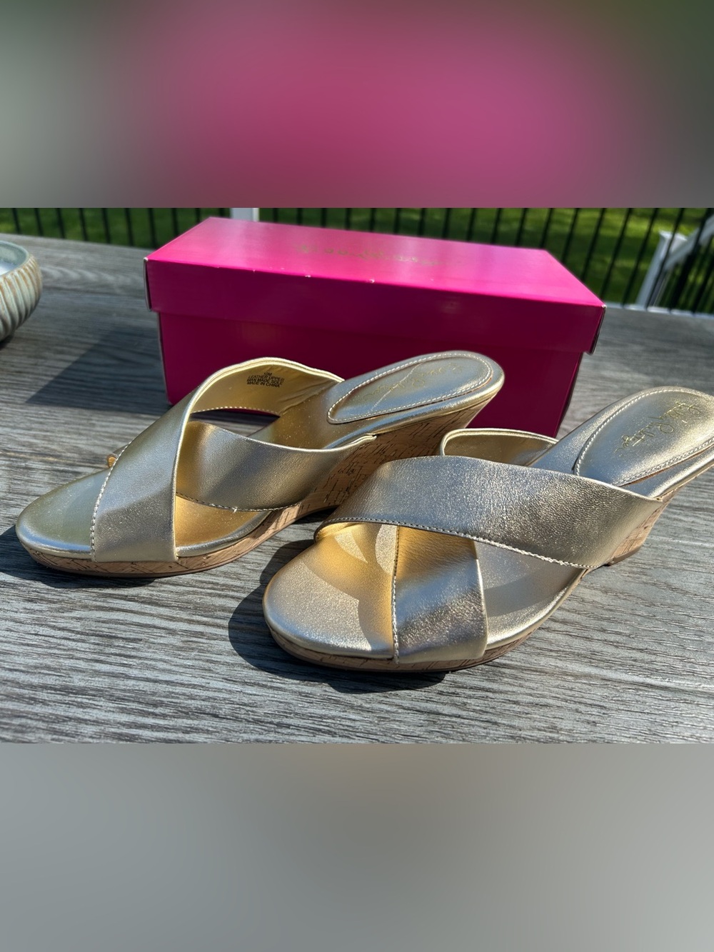 NEW Lilly Pulitzer Metallic Gold Wedge Sandals - Selena Slides - Sz 10